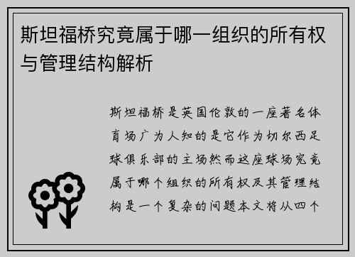 斯坦福桥究竟属于哪一组织的所有权与管理结构解析