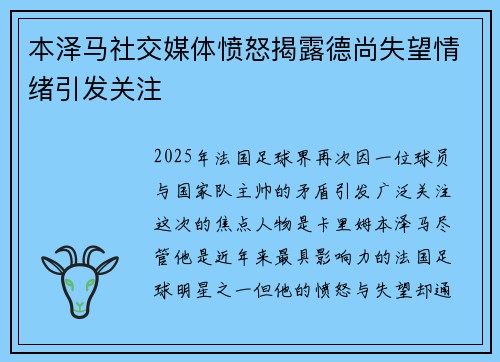 本泽马社交媒体愤怒揭露德尚失望情绪引发关注