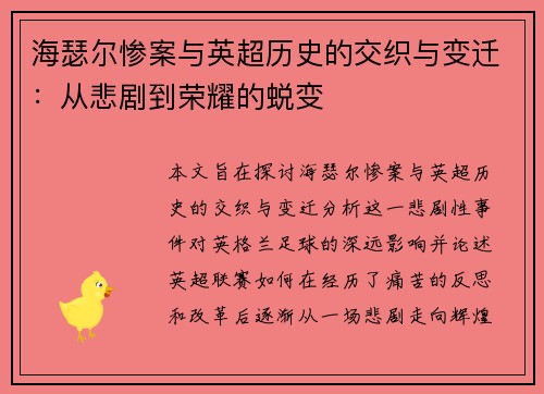 海瑟尔惨案与英超历史的交织与变迁：从悲剧到荣耀的蜕变