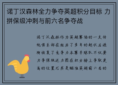 诺丁汉森林全力争夺英超积分目标 力拼保级冲刺与前六名争夺战